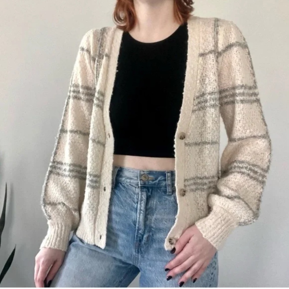 Joie Windowpane Boucle Knit Princess Sleeve Wool Blend Cardigan Sweater Size XS - Picture 7 of 8